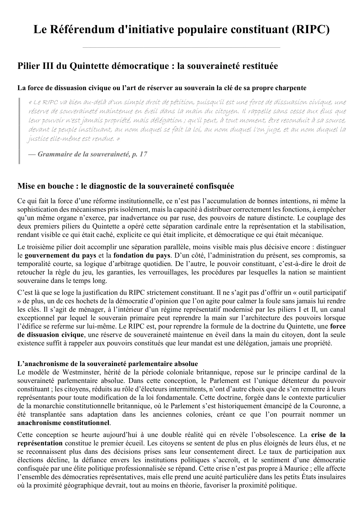Couverture — Pilier III : Référendum d’initiative populaire constituant