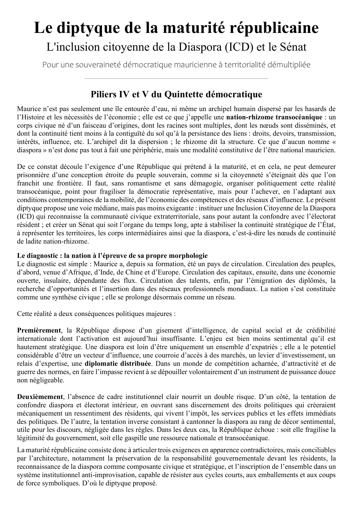 Couverture — Piliers IV & V : diaspora et Sénat