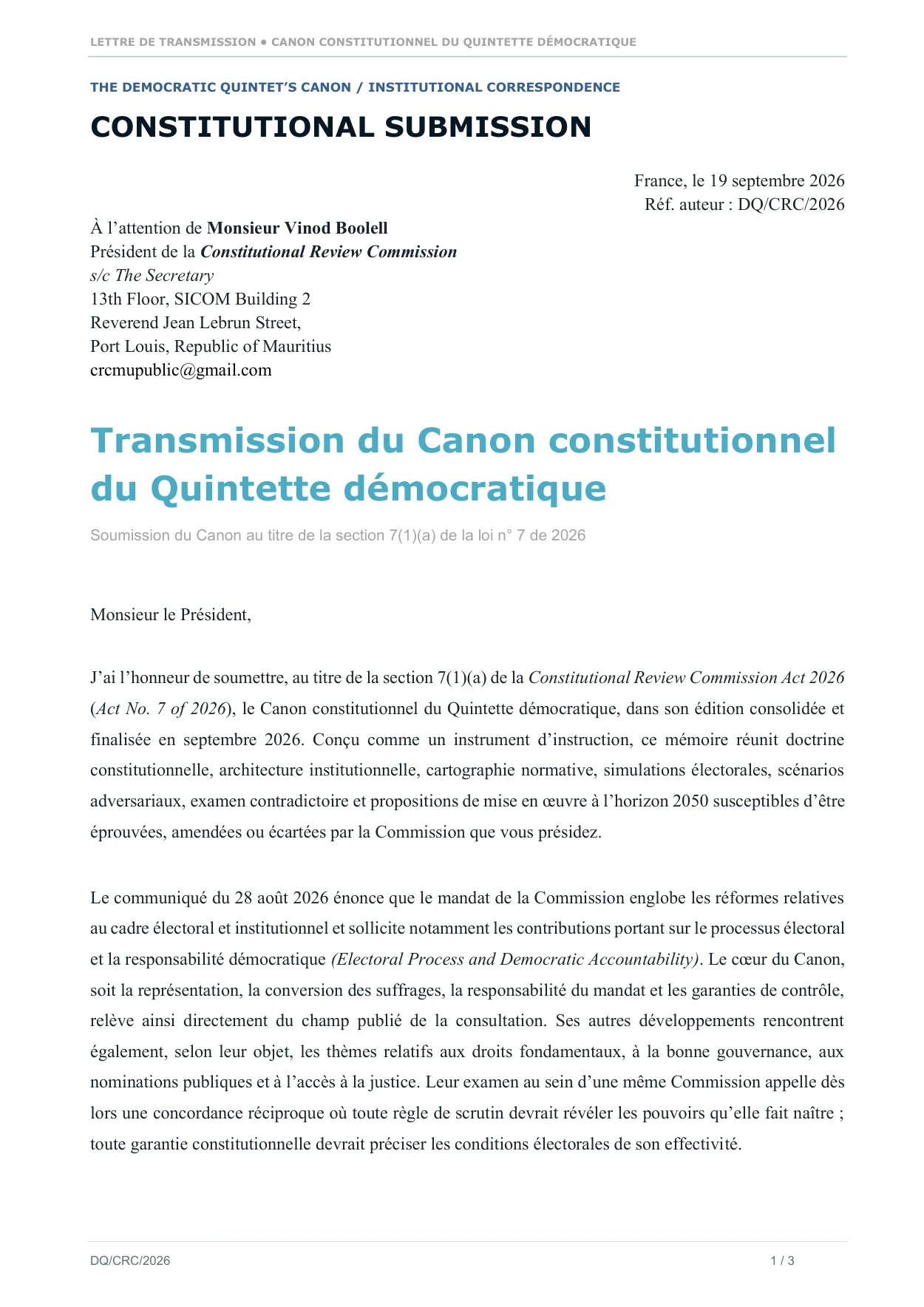 Couverture — Lettre de transmission à la Constitutional Review Commission