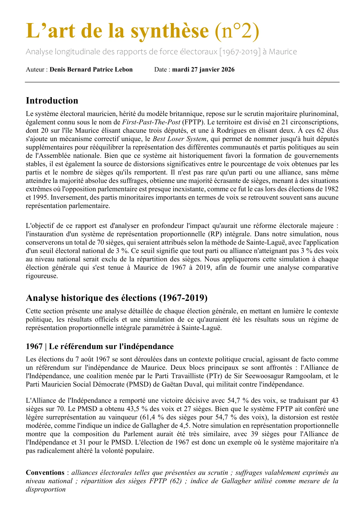Couverture — L’art de la synthèse n° 2 : rapports de force électoraux 1967–2019