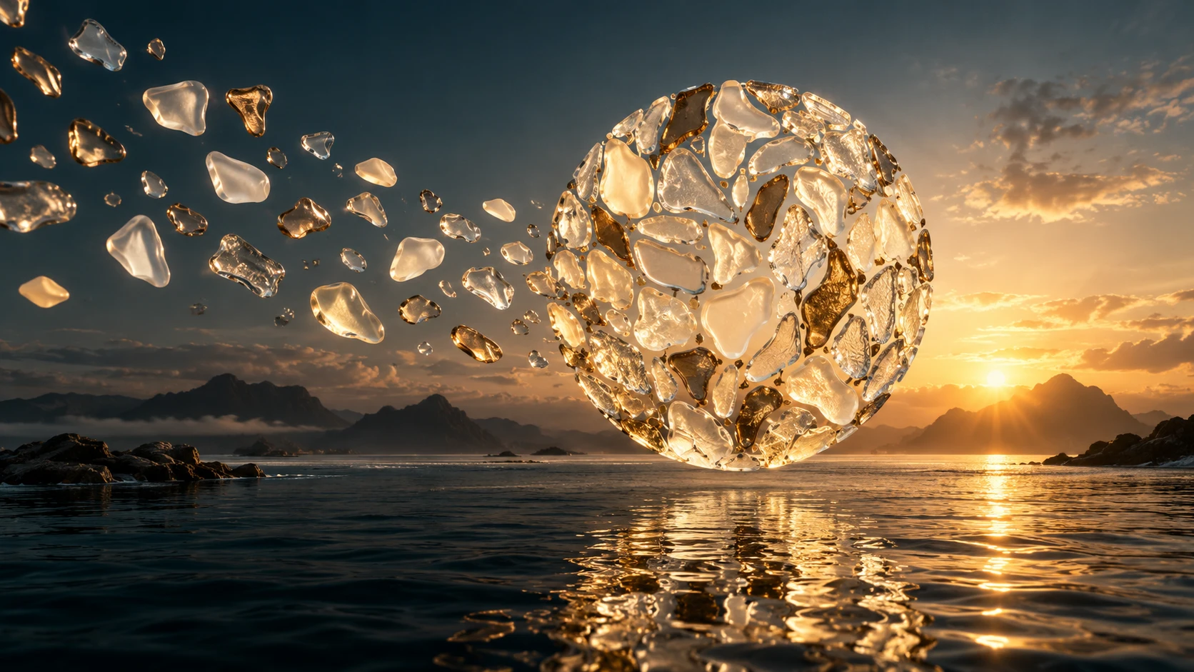 Fragments de verre qui composent une forme commune au-dessus de l’eau